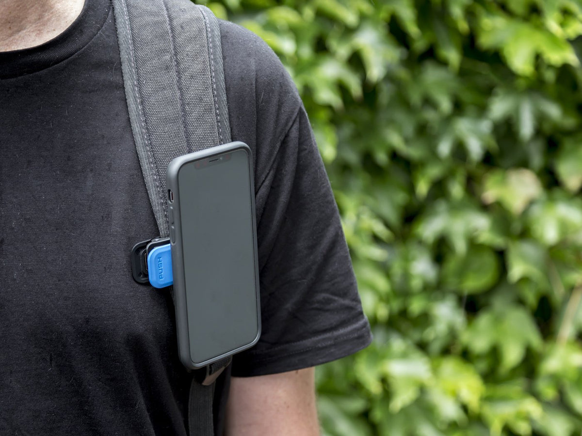 iPhone utility clip attached to back pack
