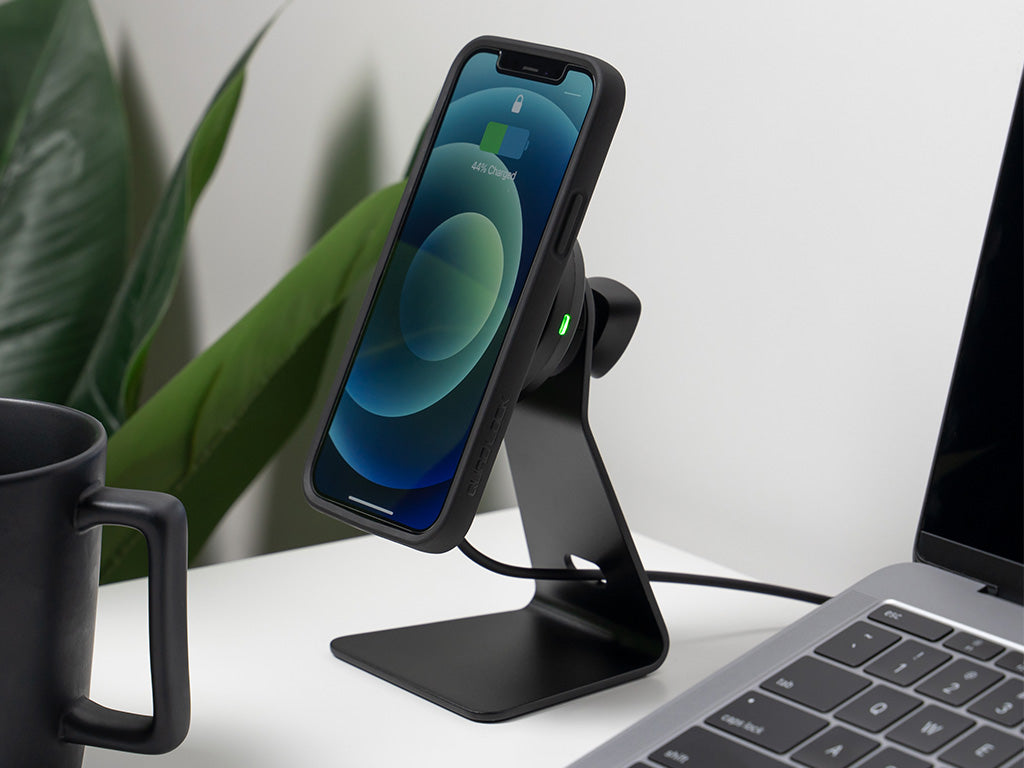 iphone 12 pro on quad lock desk mount with wireless charging head