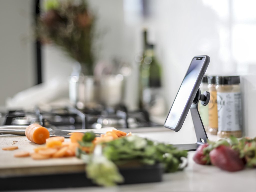 The Quad Lock Desk Mount is great for following recipes in the kitchen.