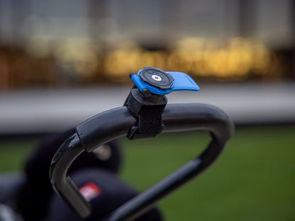 close up of quad lock quick release strap mount on golf cart